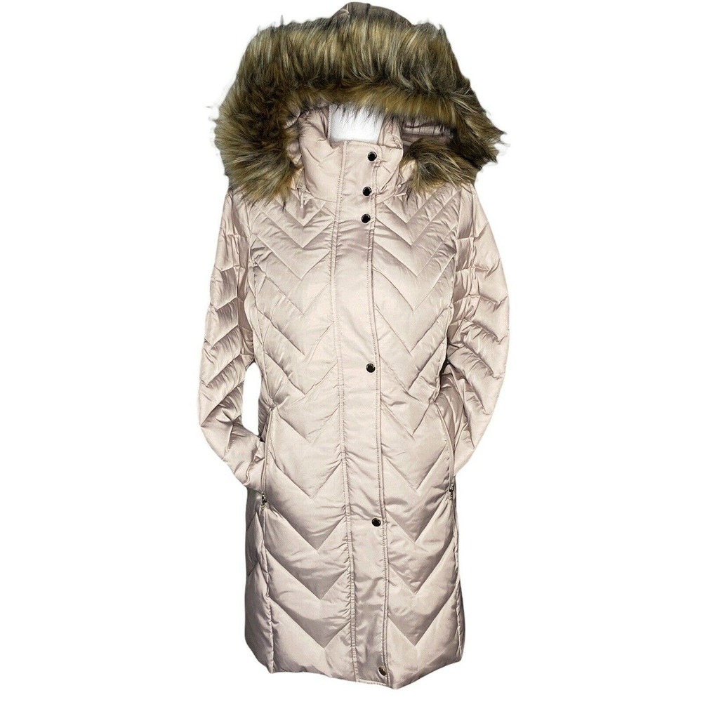 Andrew Marc New York Down Puffer Coat Parka Sz Medium Beige Faux Fur